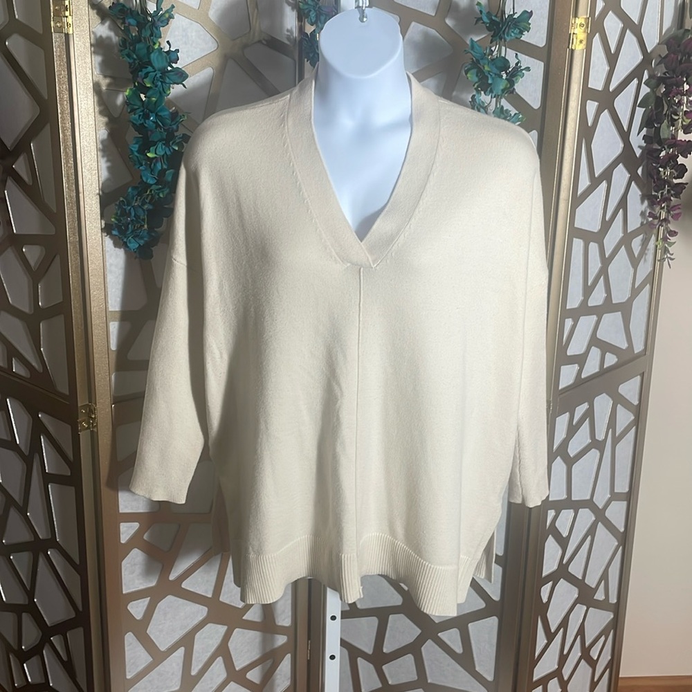 Ann Taylor Oversized V-neck Sweater, Cream, XL